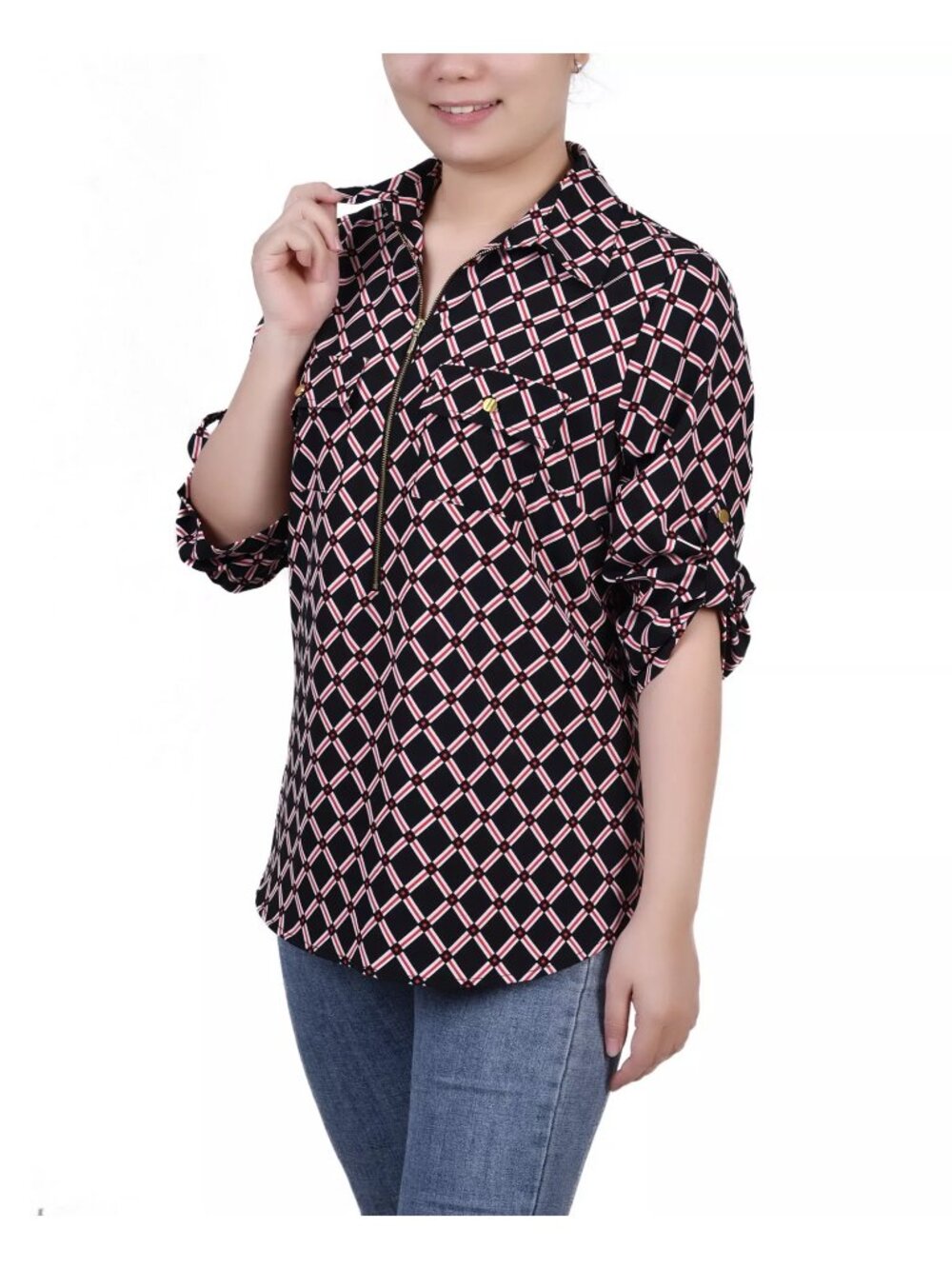 NY Collection Womens Petites Printed Collar Blouse Black Red Chain Size PXL NWT - Picture 2 of 5